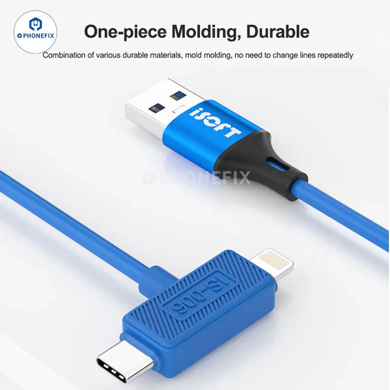 ISOFT IS-006 Lightning USB-C dual head data cable for iPhone and iPad, black power cable with connector ends visible.