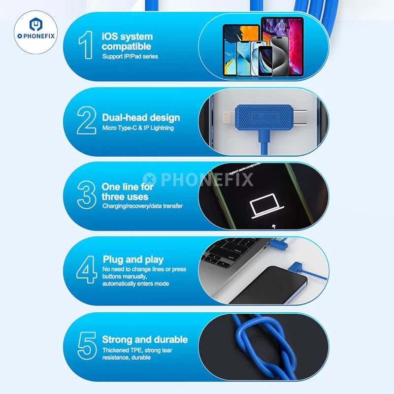 PhoneFix ISOFT IS-006 Lightning USB-C dual head data cable for iPhone and iPad, with a close-up view of the cable connectors.