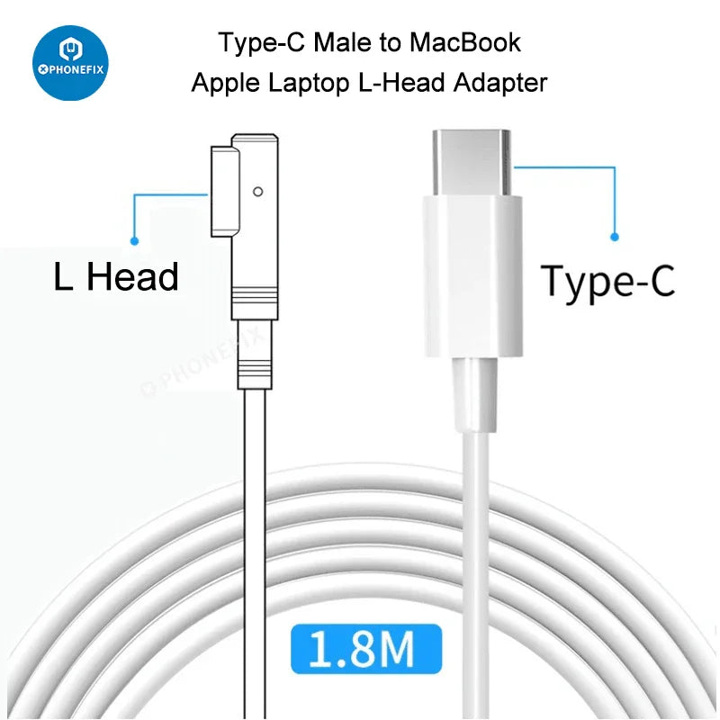 PHONEFIX MagSafe L-Style connector DC power cable for Apple MacBook, charging cable with magnetic L-shaped connector.