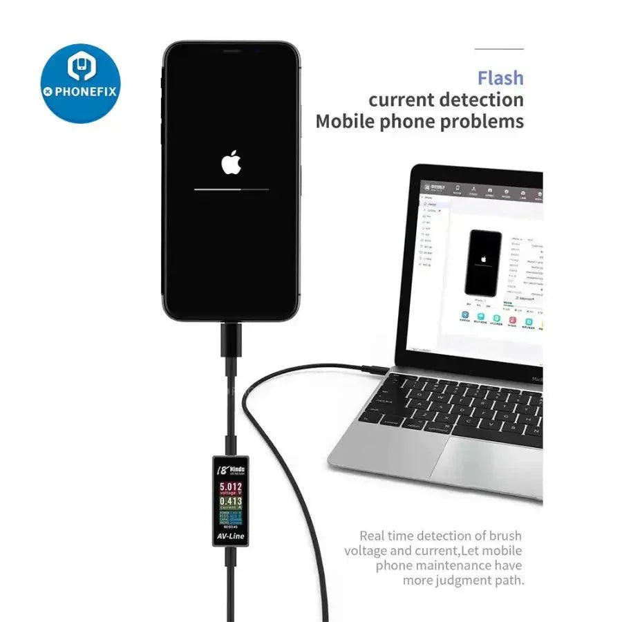 PHONEFIX AV-Line USB charging cable for iPhone and Android, featuring intelligent detection for efficient power transfer.