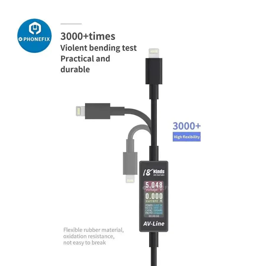 PHONEFIX AV-Line intelligent USB charging cable for iPhone and Android devices, featuring lightning to USB connection