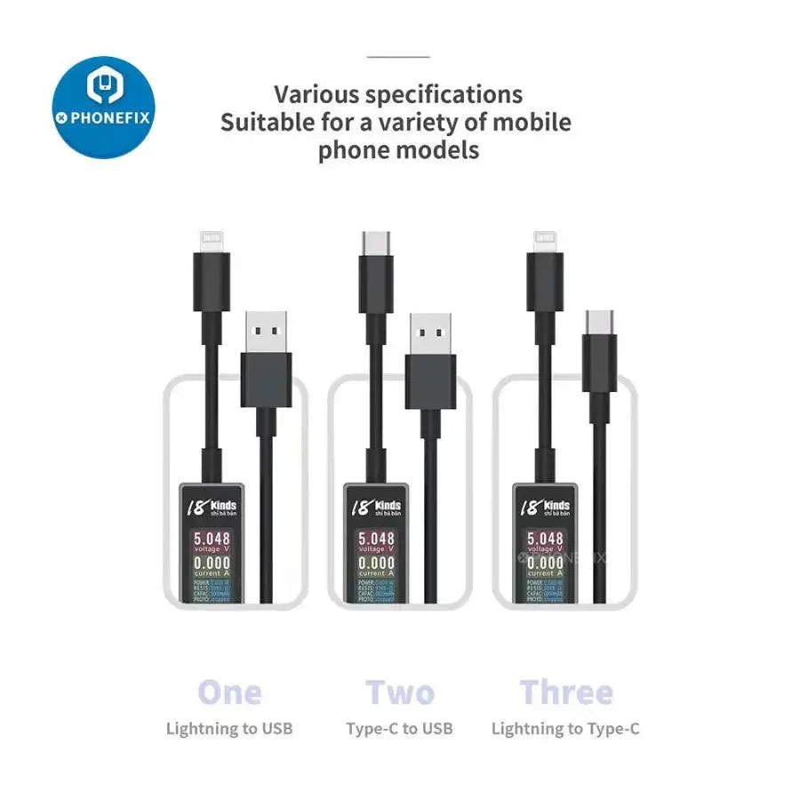 PHONEFIX AV-Line USB charging cable with intelligent detection for iPhone and Android devices, featuring Lightning and USB connectors.