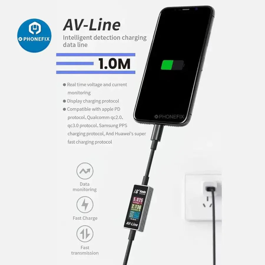 PHONEFIX AV-Line USB charging cable with intelligent detection for iPhone and Android devices, shown connected to a smartphone.