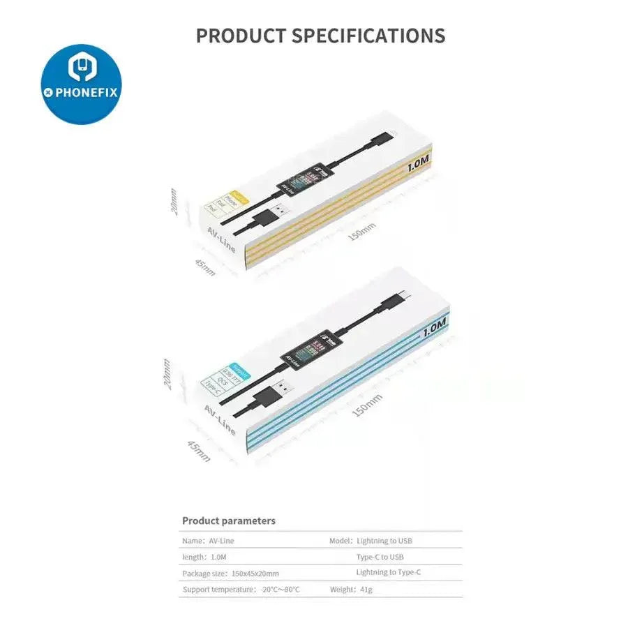 PHONEFIX AV-Line USB charging cable with intelligent detection for iPhone and Android devices, shown connected for fast charging.