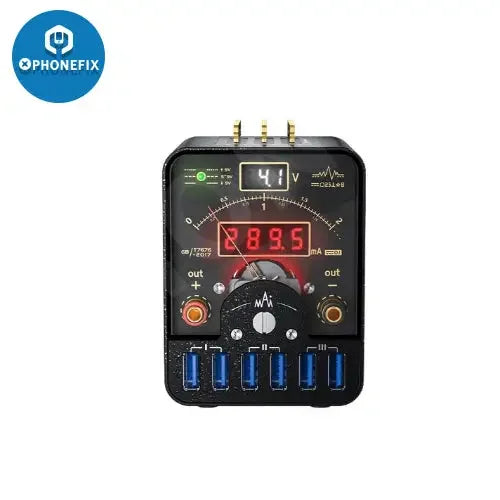 QianliToolPlus LT1 insulated power supply DC diagnosis instrument for phone repair, with power cables and charging components.