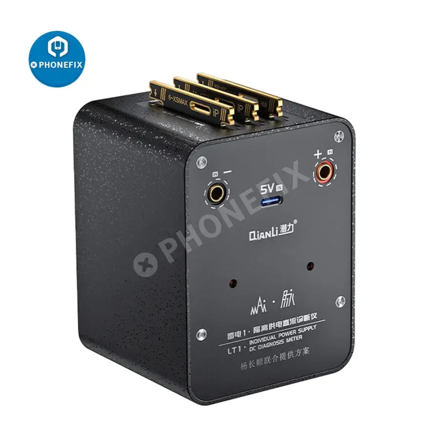 PhoneFix QianliToolPlus LT1 insulation power supply DC diagnosis instrument with power cables and charger for electronic testing.