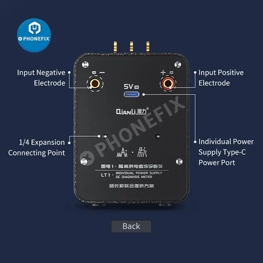 PhoneFix QianliToolPlus LT1 insulated power supply DC diagnosis instrument with power cables and connectors for electronic testing.