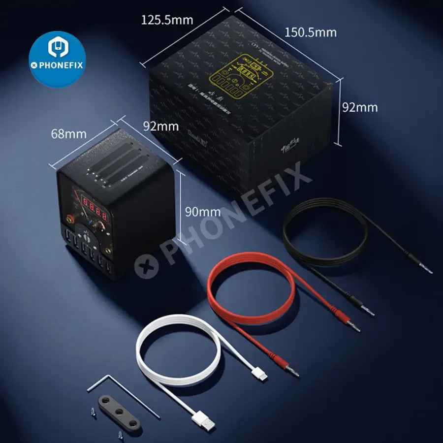 PhoneFix QianliToolPlus LT1 power supply DC diagnosis instrument with insulated cables for electronic testing and repair.