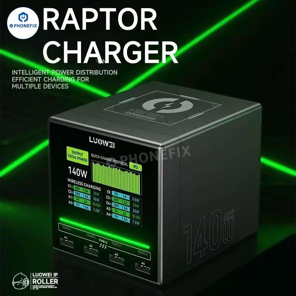 LUOWEI U1 MINI 140W Raptor fast charging station by PHONEFIX with power cables and multiple charging ports on a desktop.