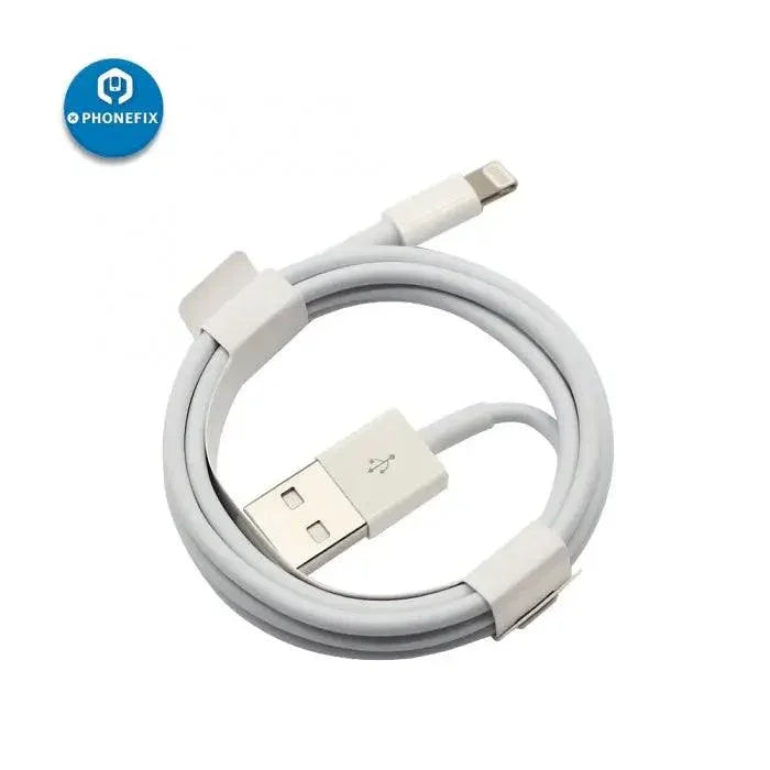 Certified PHONEFIX Lightning to USB cable for Apple iPhone 6, 7, 8, X, XS, and iPad, showing the cable connected to devices.
