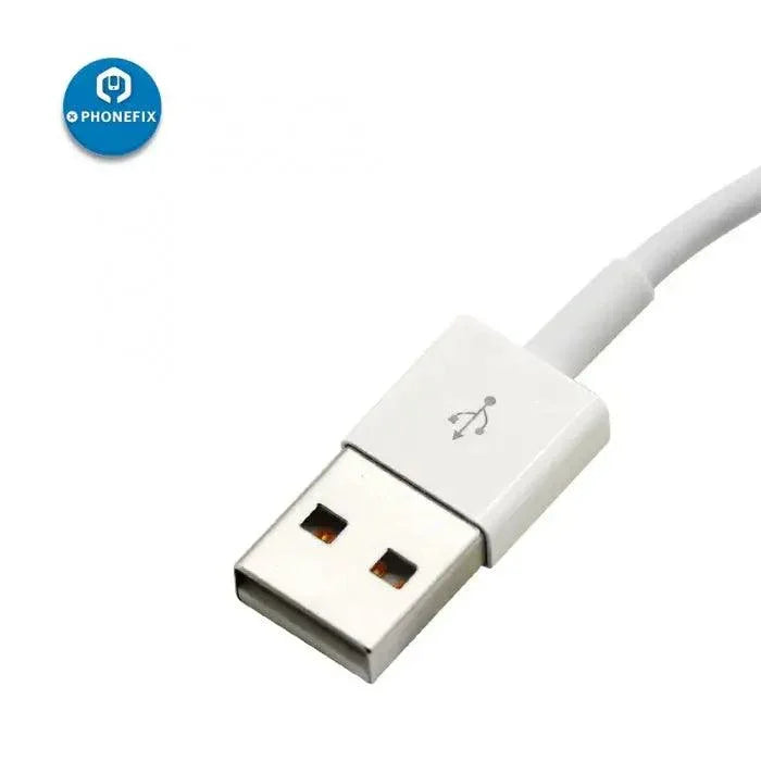 Certified PHONEFIX Lightning to USB cable for iPhone 6, 7, 8, X, XS, and iPad, shown with USB connector and Lightning end.