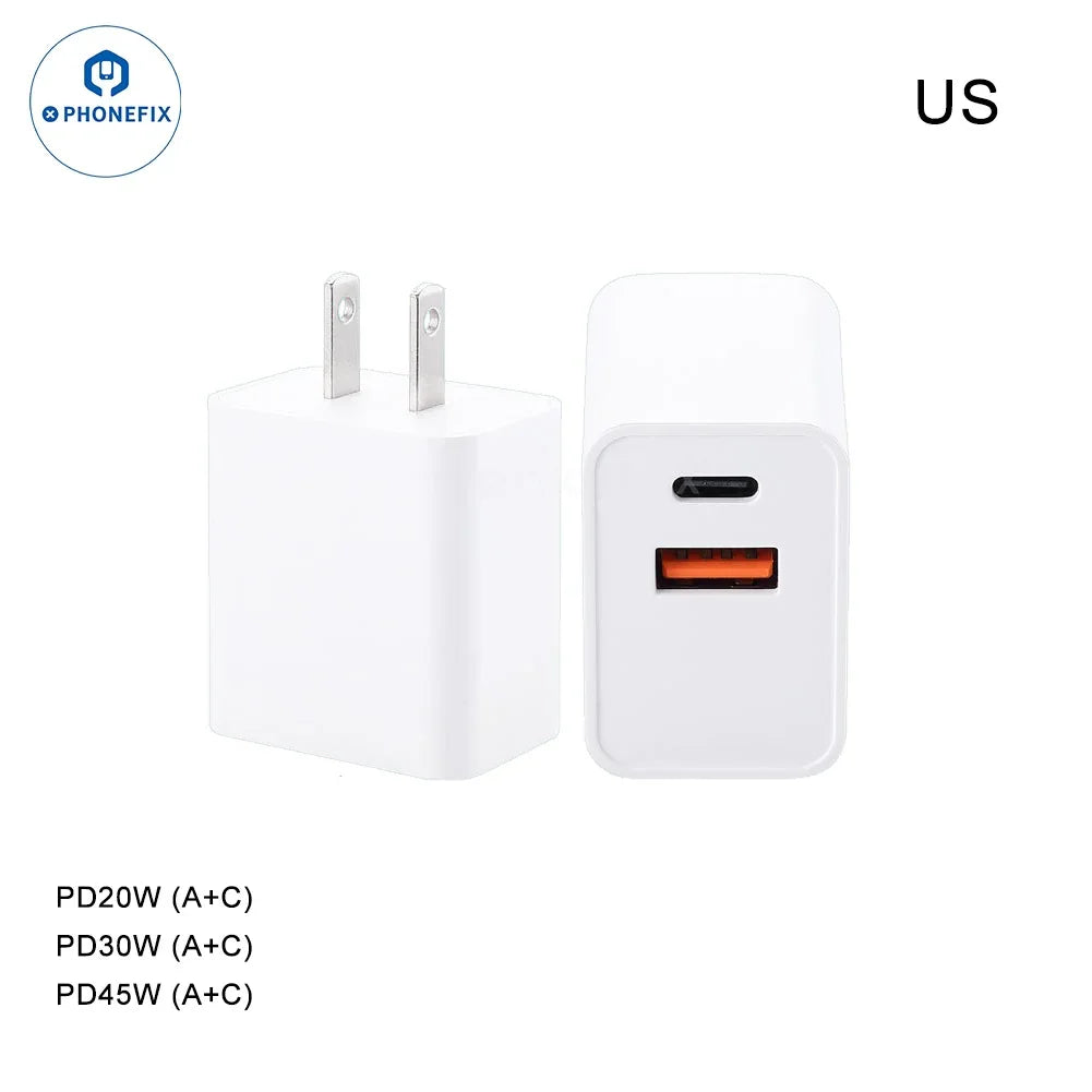 PHONEFIX PD 45W dual-port portable fast charging adapter with power cables, compact and lightweight for quick device charging.
