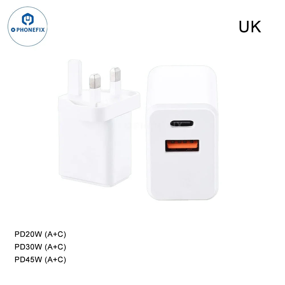 PHONEFIX PD 45W dual-port portable fast charging adapter with power cables for quick device charging.