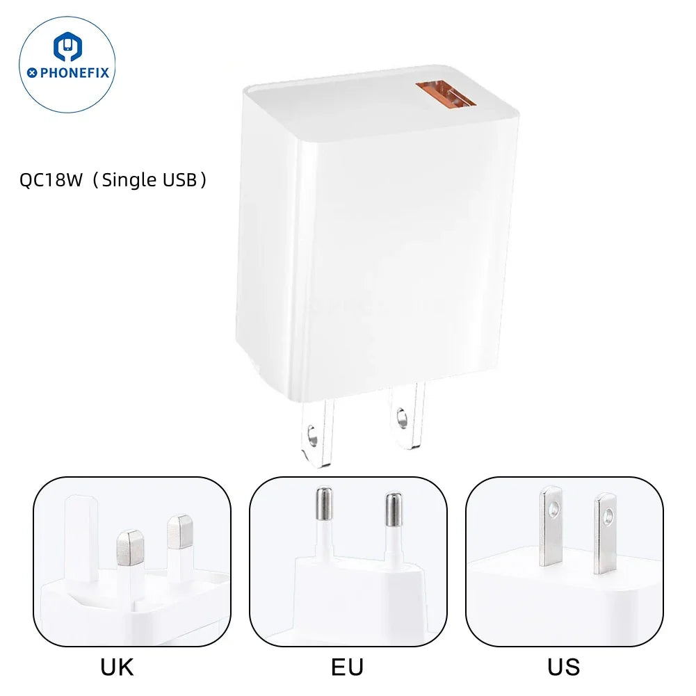 PHONEFIX PD 45W dual-port portable fast charging adapter with USB-C and USB-A ports for quick device charging.