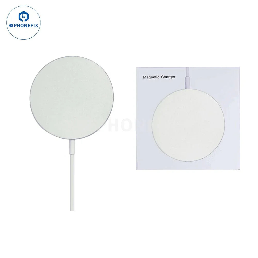 PHONEFIX fast wireless charger and MagSafe case kit for iPhone 12-16 Pro Max with power cable and headphones included.