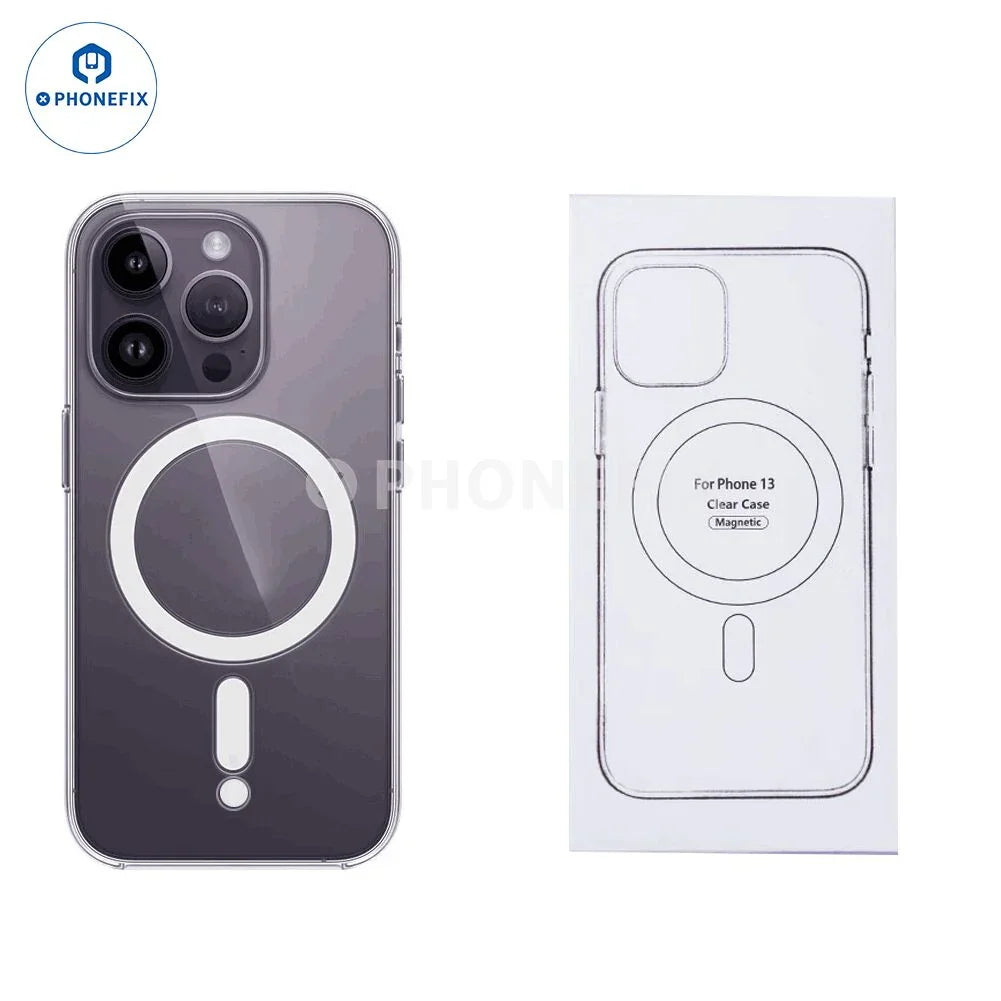 PhoneFix MagSafe case and fast wireless charger kit for iPhone 12-16 Pro Max, with power cable and headphones included.