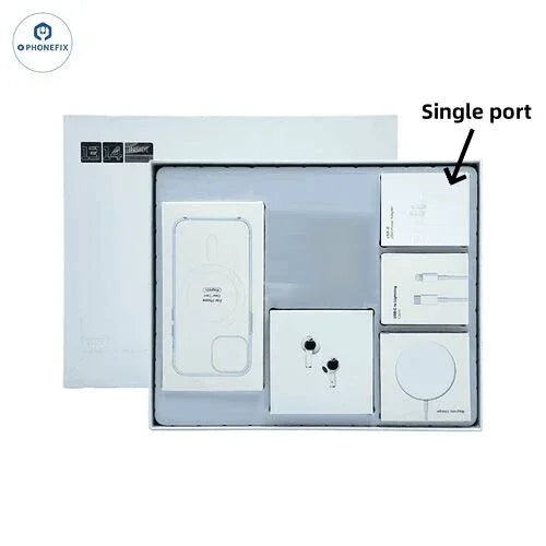 PhoneFix MagSafe case kit with fast wireless charger, power cable, and headphones designed for iPhone 12-16 Pro Max.
