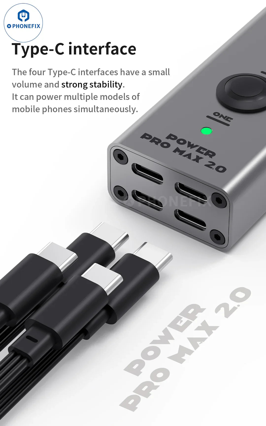 Câble de démarrage PHONEFIX Mechanic Power Pro Max pour iPhone X à 16 Pro Max, câble de charge et de transfert de données durable.