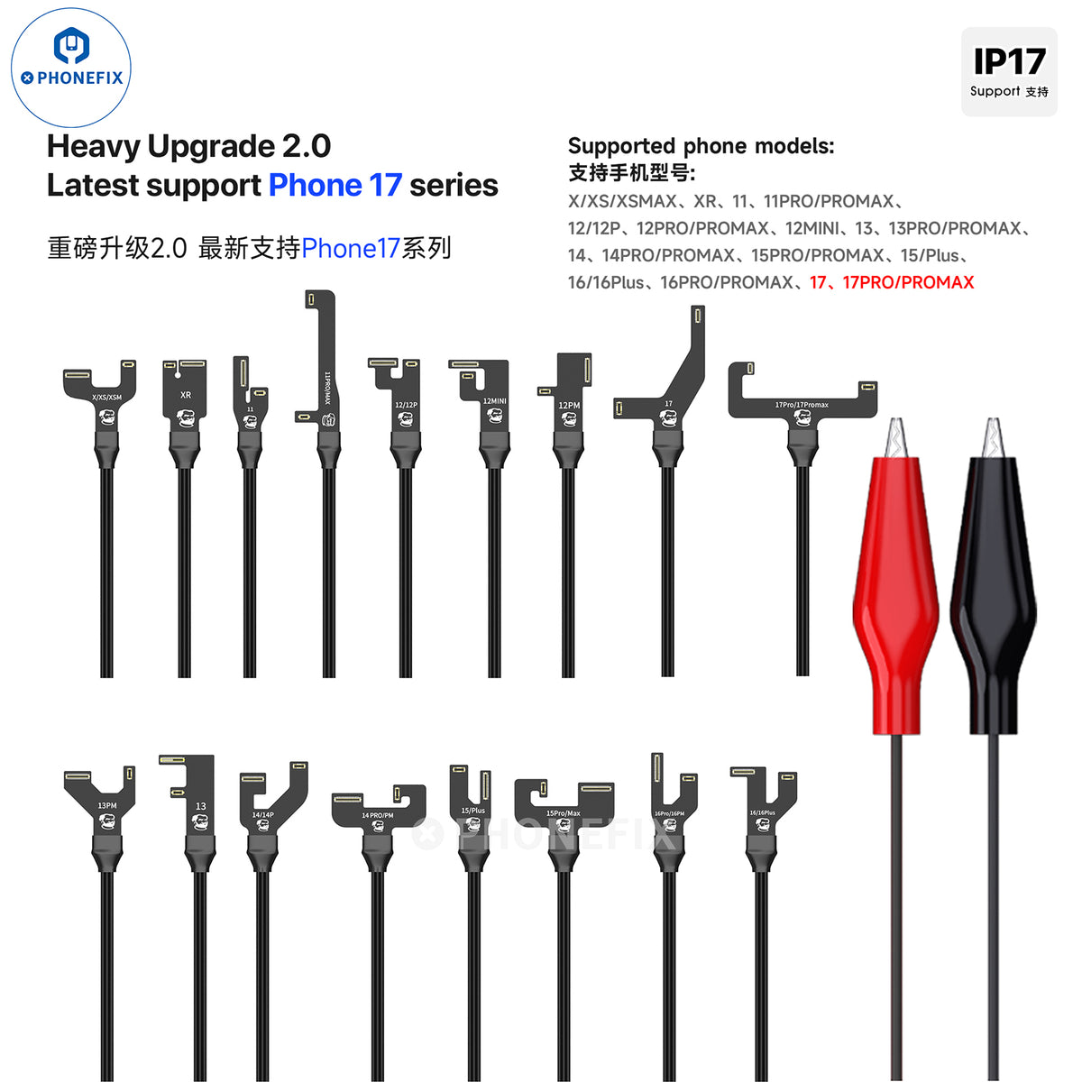 Câble de démarrage PHONEFIX Mechanic Power Pro Max pour iPhone X à 16 Pro Max, câble de charge et de transfert de données durable.