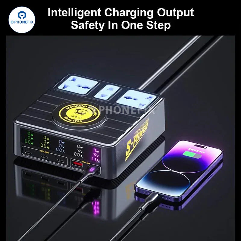 PHONEFIX S-POWER PRO super fast charging socket wireless charger connected to a power outlet with a charging cable.