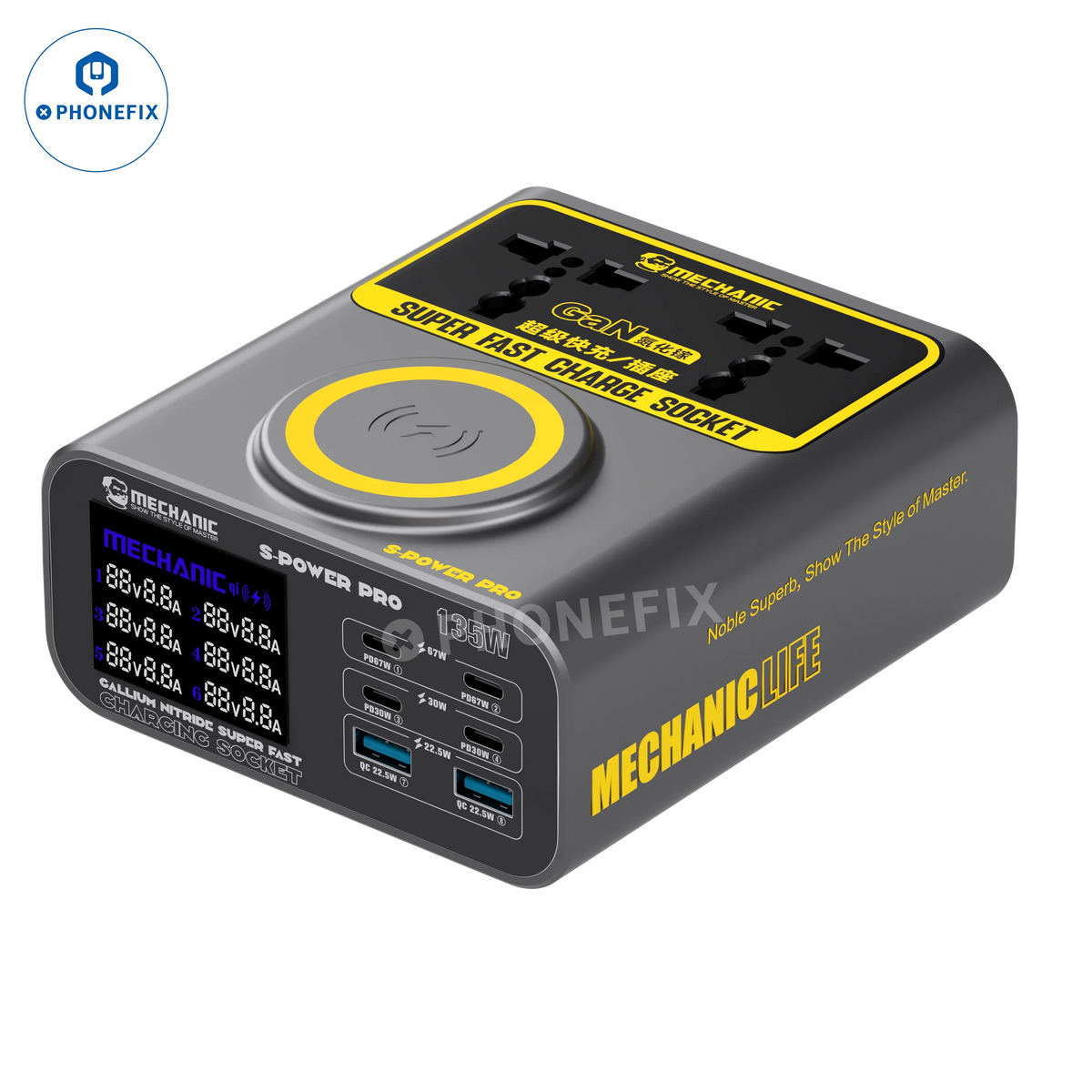 PHONEFIX S-POWER PRO wireless charger socket for super fast charging, featuring a compact power cable and modern design.