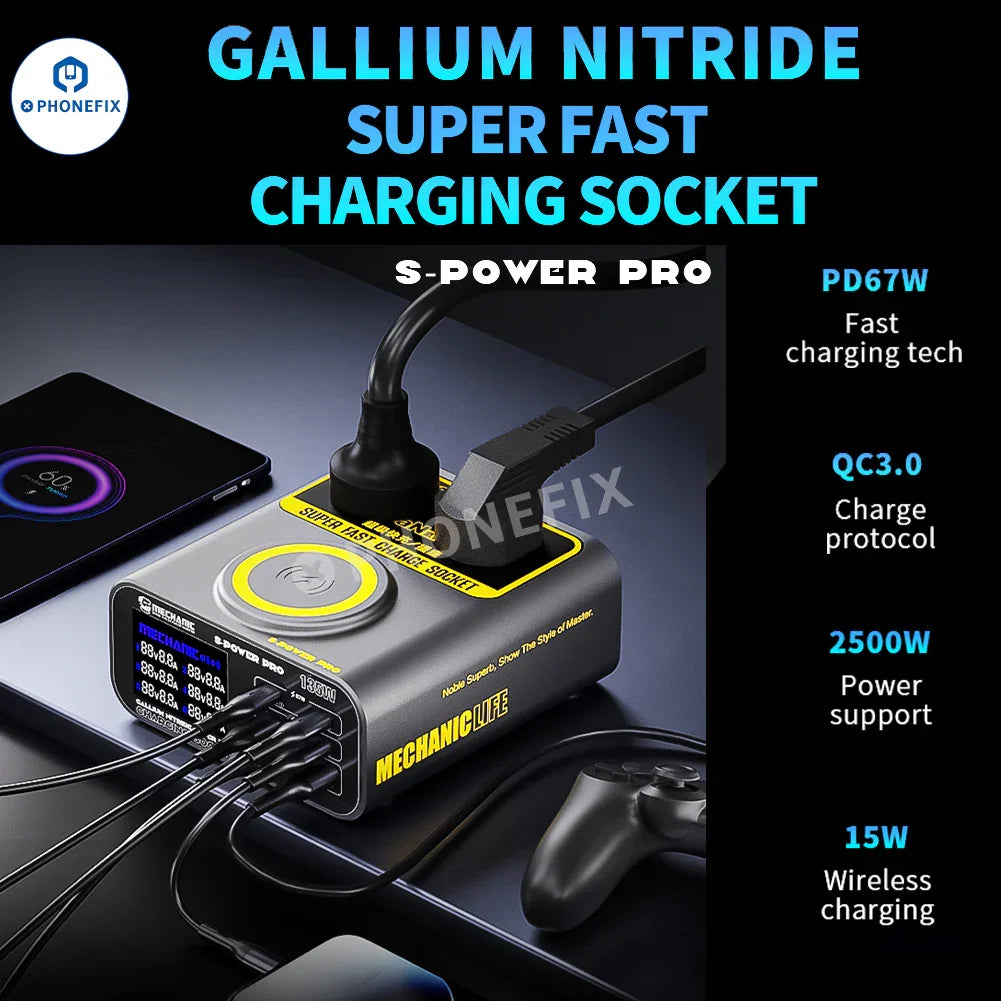 PHONEFIX Mechanic S-POWER PRO super fast wireless charging socket with power cable, sleek and compact charging station for quick device charging.