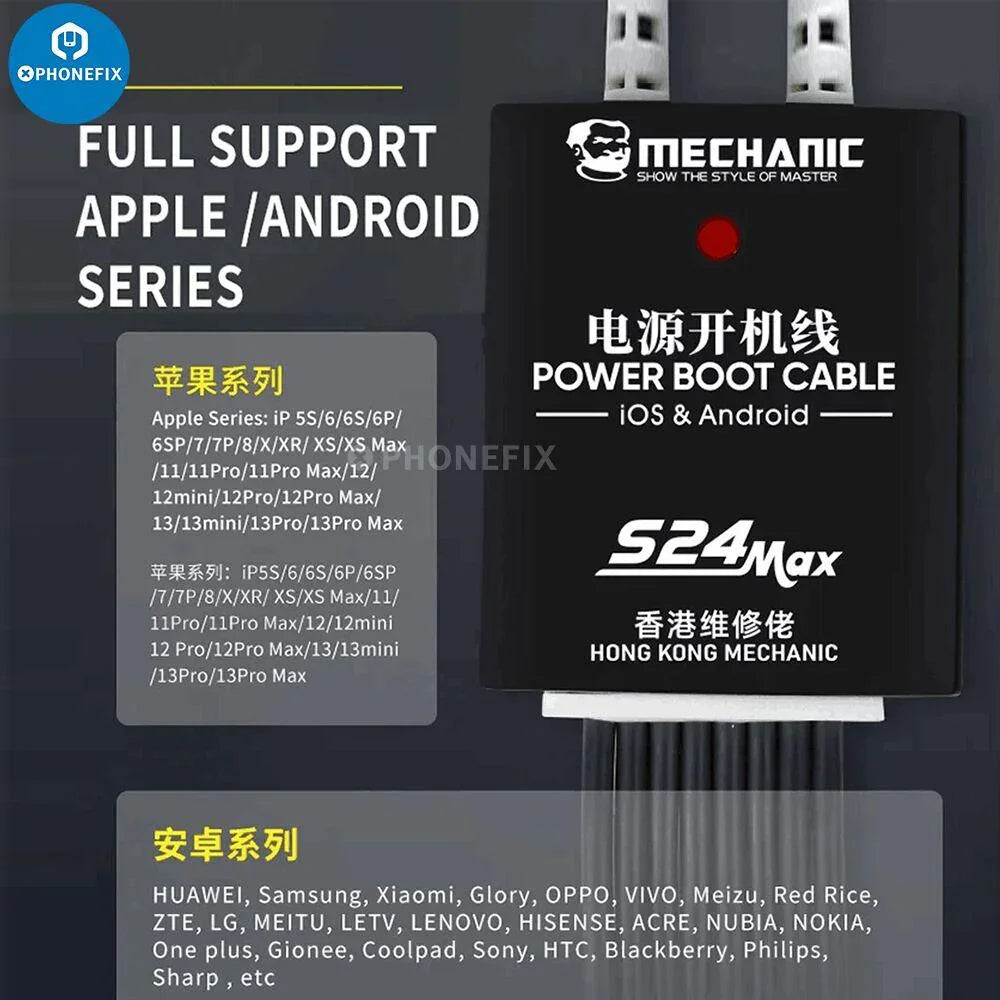 PHONEFIX Mechanic S24 Max Power Boot Cable for iPhone and Android devices, durable charging cable with secure connectors.