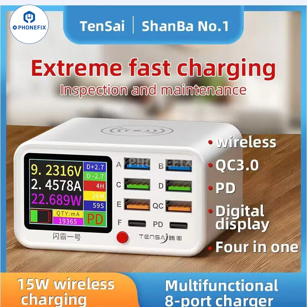 PHONEFIX wireless charger with 8 ports fast charging station for phones and laptops, showing multiple cables and charging ports.