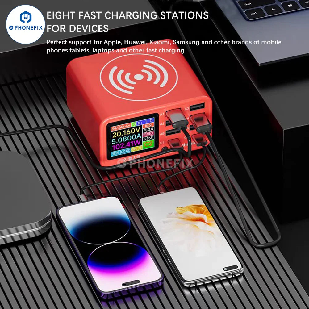 Estación de carga inalámbrica con 8 puertos de PHONEFIX, carga rápida para teléfonos y portátiles, con múltiples cables de alimentación y conectores.