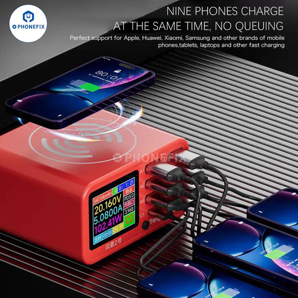 PHONEFIX 8-port wireless charger and fast charging station for phones and laptops, with multiple power cables and charging ports.