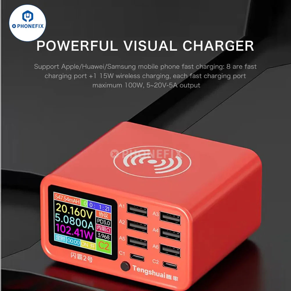 Cargador inalámbrico PHONEFIX con estación de carga rápida de 8 puertos para teléfonos y portátiles, que muestra varios cables de carga conectados.
