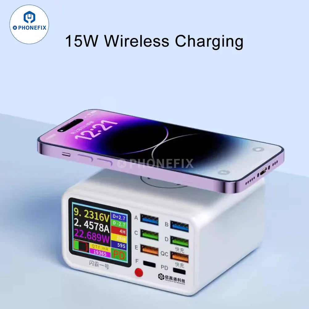 Estación de carga inalámbrica de PHONEFIX con 8 puertos para la carga rápida de teléfonos y portátiles, que incluye múltiples cables de alimentación y conectores.