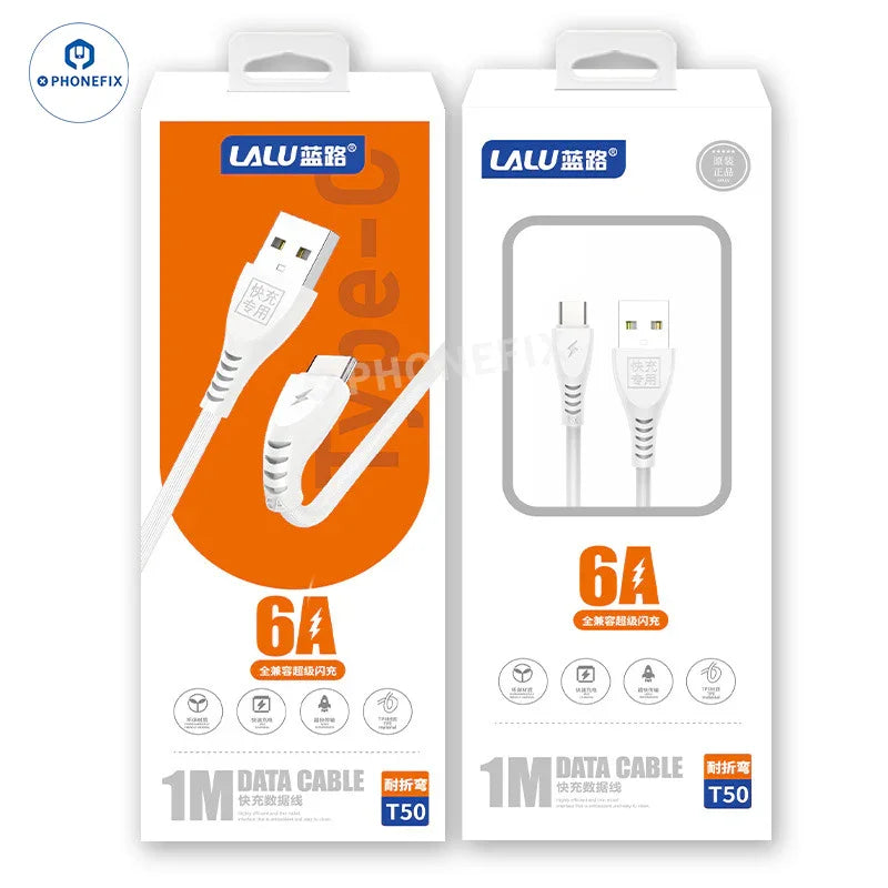 PHONEFIX 6A fast charging data cable with Micro, Type-C, and Lightning connectors for iPhone and Android devices.