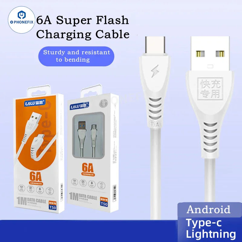 PHONEFIX 6A fast charging data cable with Micro, Type-C, and Lightning connectors for iPhone and Android devices.