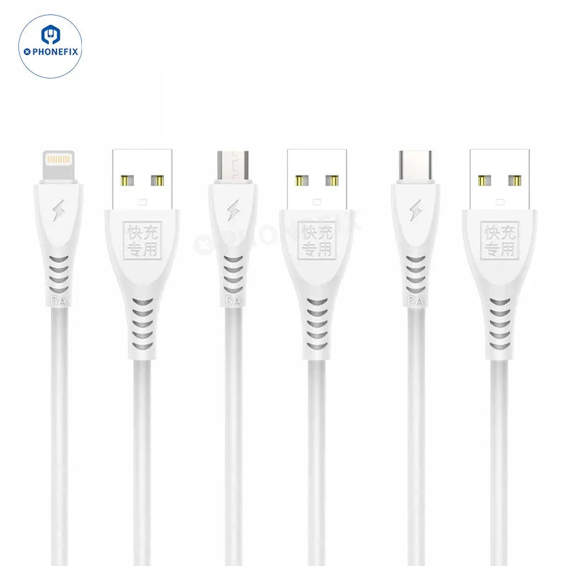 PHONEFIX 6A fast charging data cable with Micro, Type-C, and Lightning connectors for iPhone and Android devices.