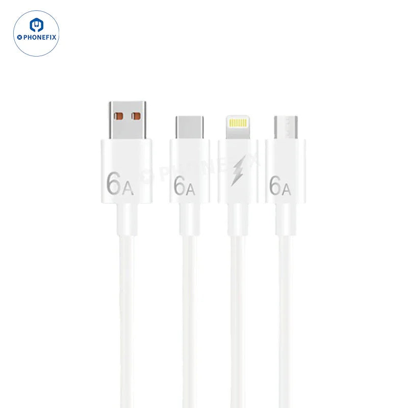 PHONEFIX 6A fast charging data cable with Micro USB, Type-C, and Lightning connectors for iPhone and Android devices.