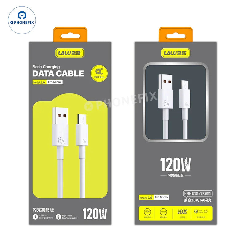 PHONEFIX 6A fast charging data cable with Micro USB, Type-C, and Lightning connectors for iPhone and Android devices.