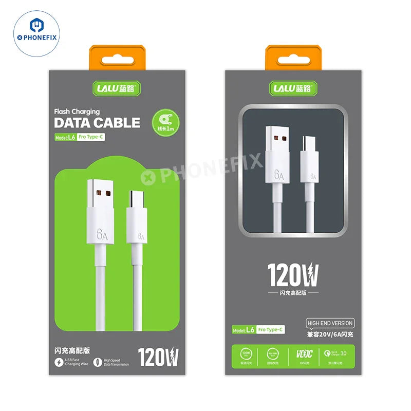 PHONEFIX 6A fast charging data cable with Micro, Type-C, and Lightning connectors for iPhone and Android devices.
