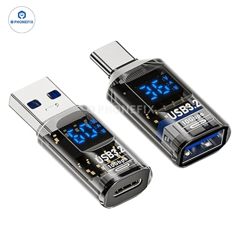 PHONEFIX digital display Type-C USB 3.2 adapter for mobile phones and laptops, showcasing sleek design and connectivity features.