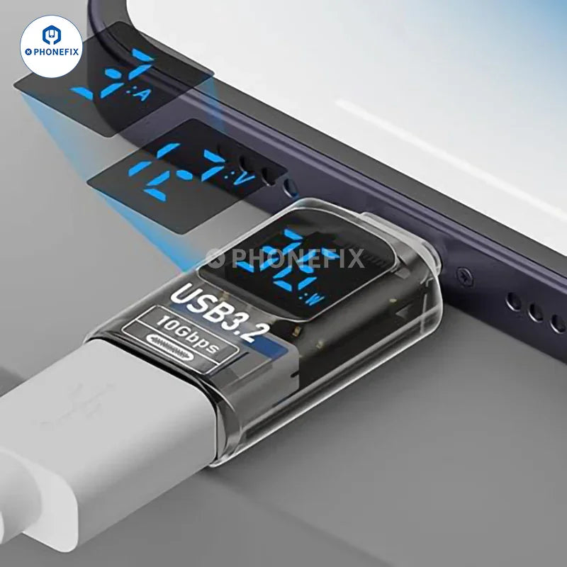 PHONEFIX digital display Type-C USB 3.2 mobile phone and laptop adapter with power cable and charging port.