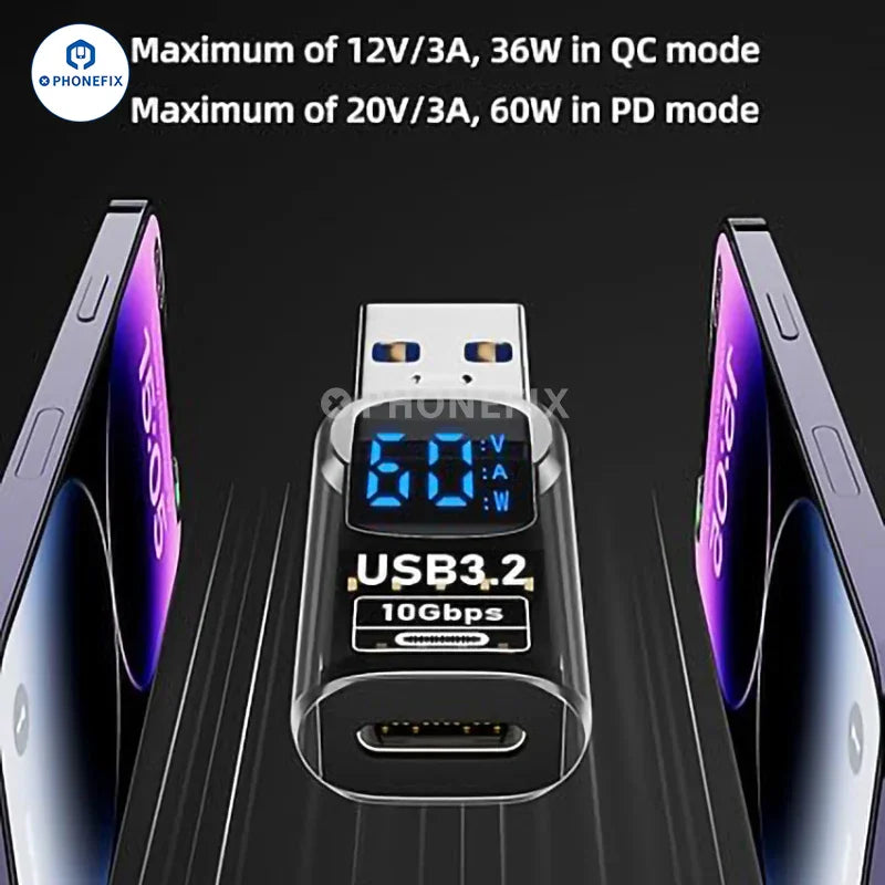 PHONEFIX digital display Type-C USB 3.2 mobile phone and laptop adapter with power cable and charging port