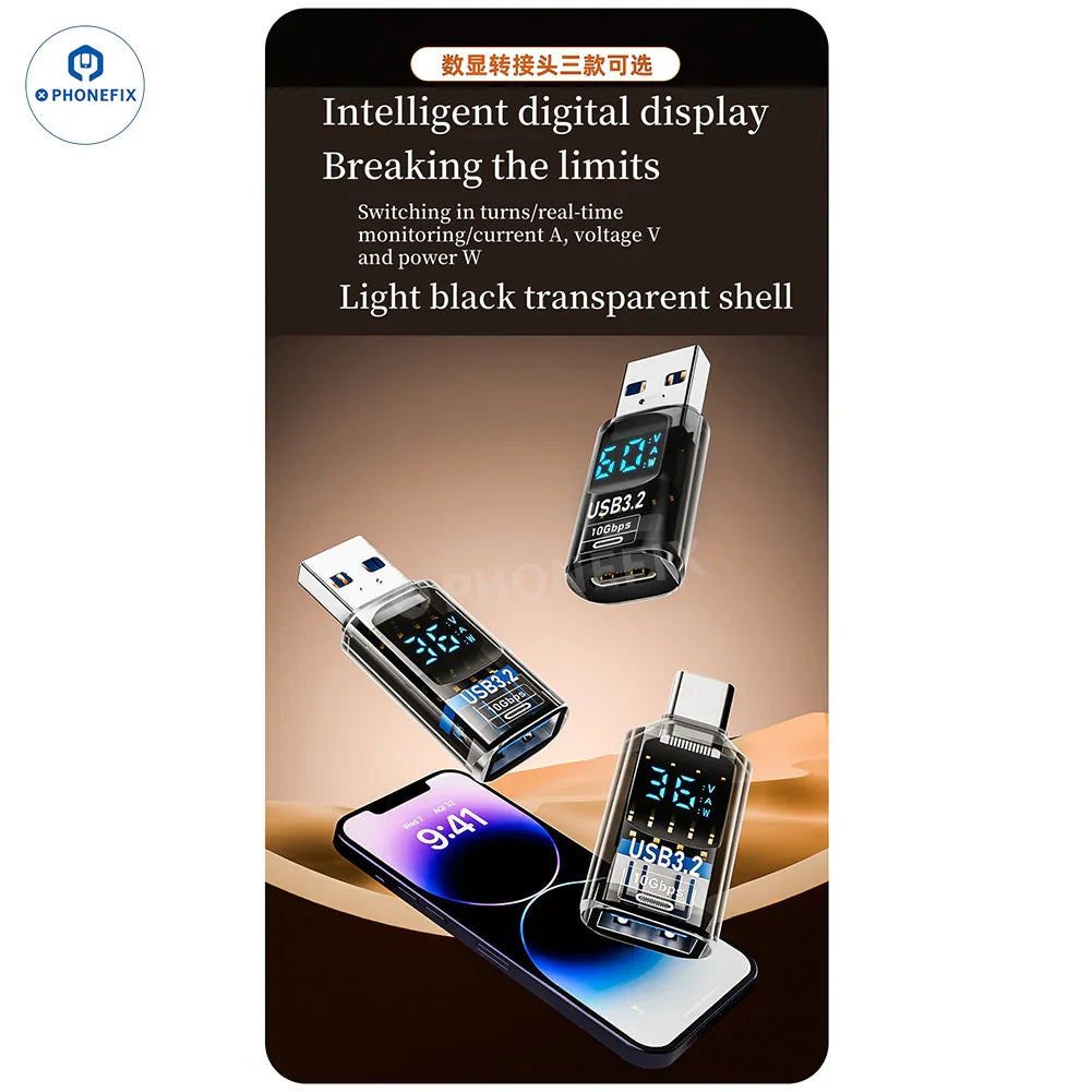 PHONEFIX Digital Display Type-C USB 3.2 mobile phone and laptop adapter with power cable and digital screen display.