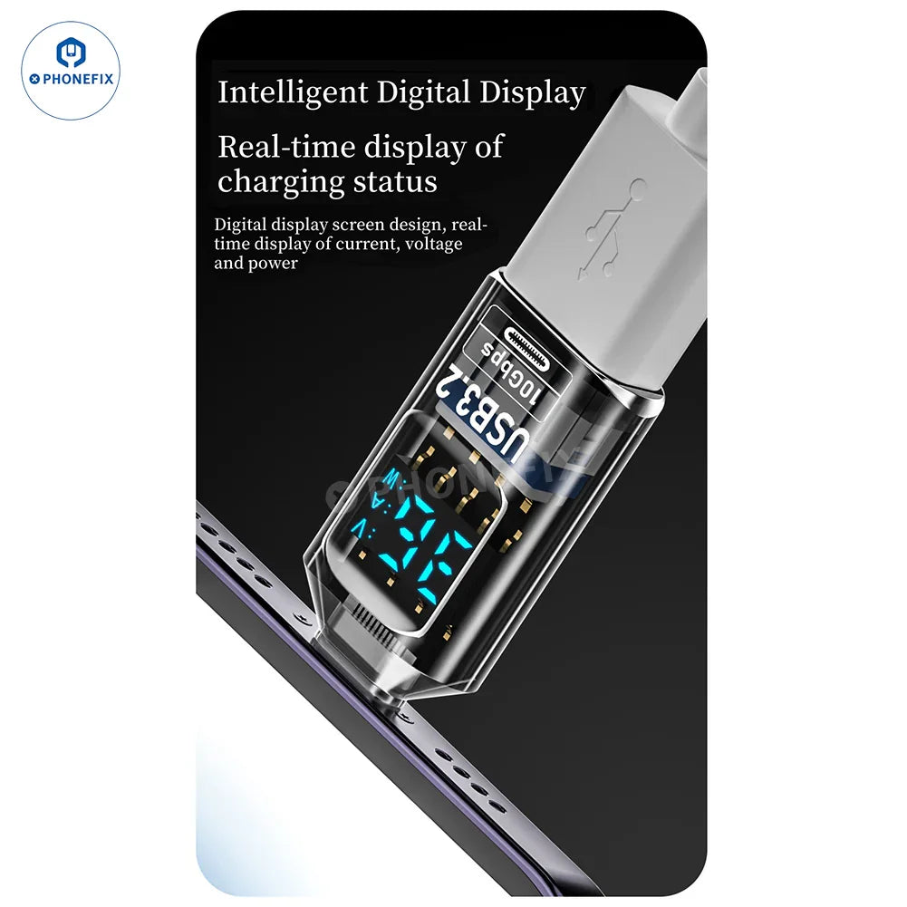 PHONEFIX Digital Display Type-C USB 3.2 mobile phone and laptop charger adapter with power cable, compact and portable.