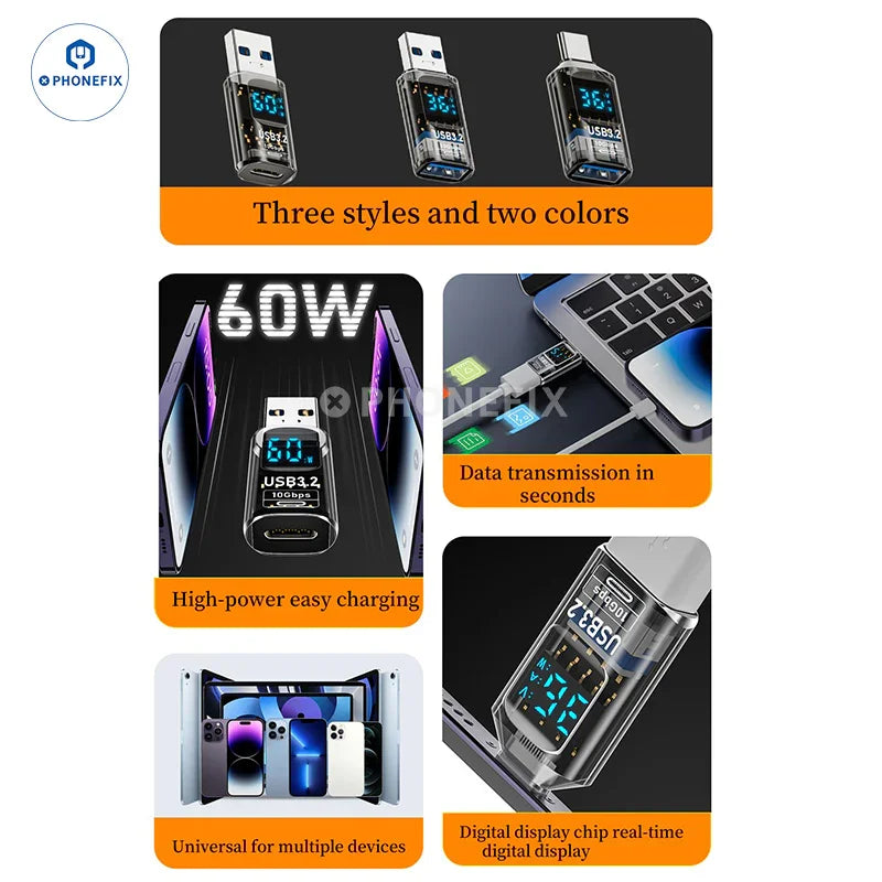 PHONEFIX digital display Type-C USB 3.2 mobile phone and laptop adapter with power cable, showing digital readout and sleek design.