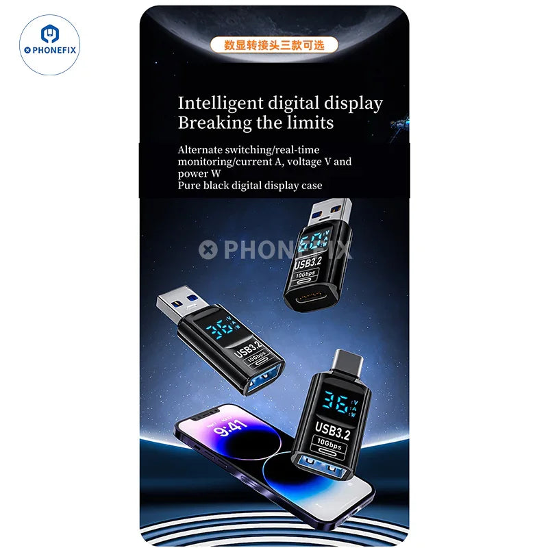 PHONEFIX Digital Display Type-C USB 3.2 mobile phone and laptop adapter with power cable and charging port.
