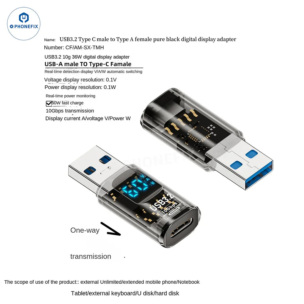 Phonefix Type-C USB 3.2 digital display mobile phone and laptop adapter with female C port for power and data transfer.
