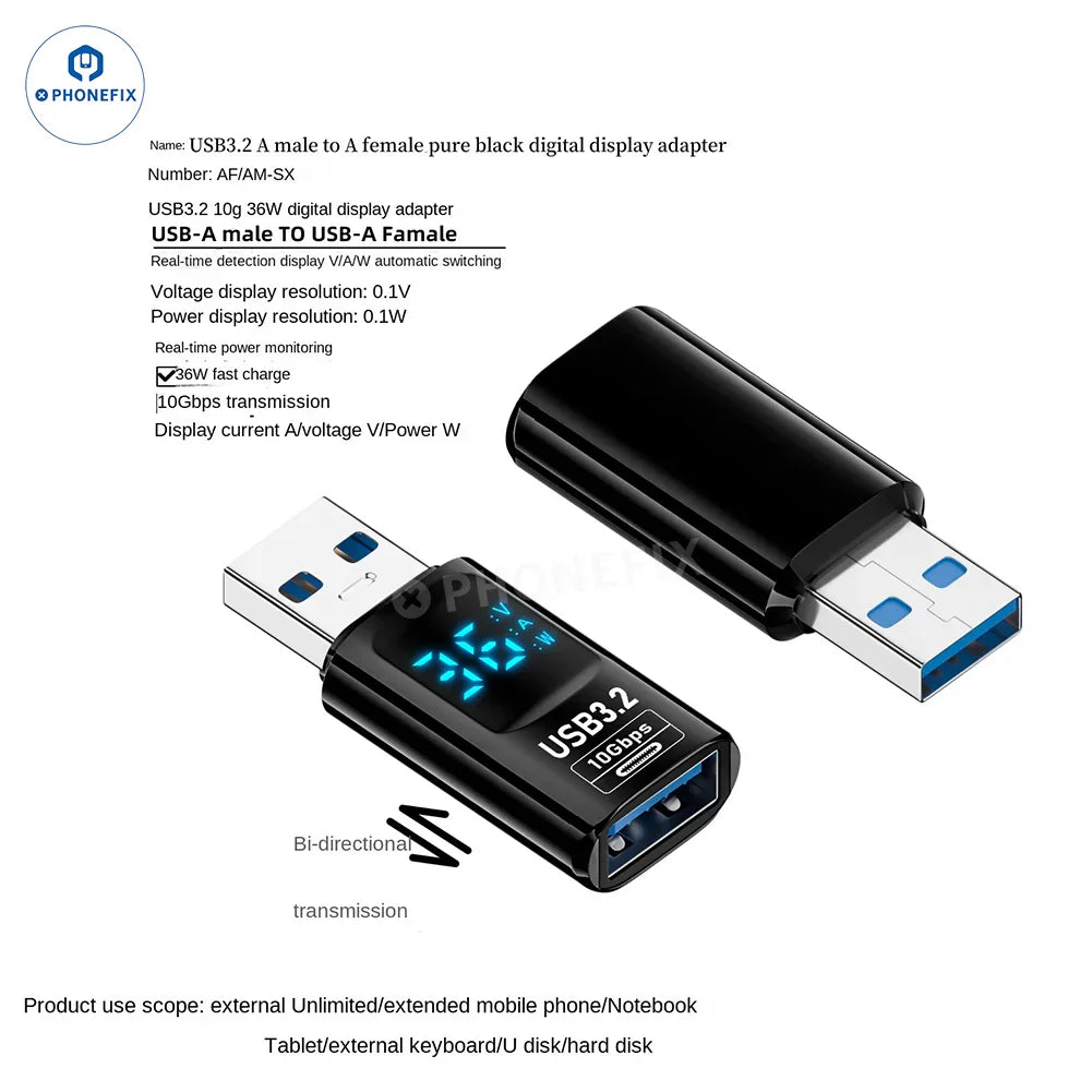 PHONEFIX USB-A male to USB-A female adapter for digital display Type-C USB 3.2 mobile phone and laptop charging cables