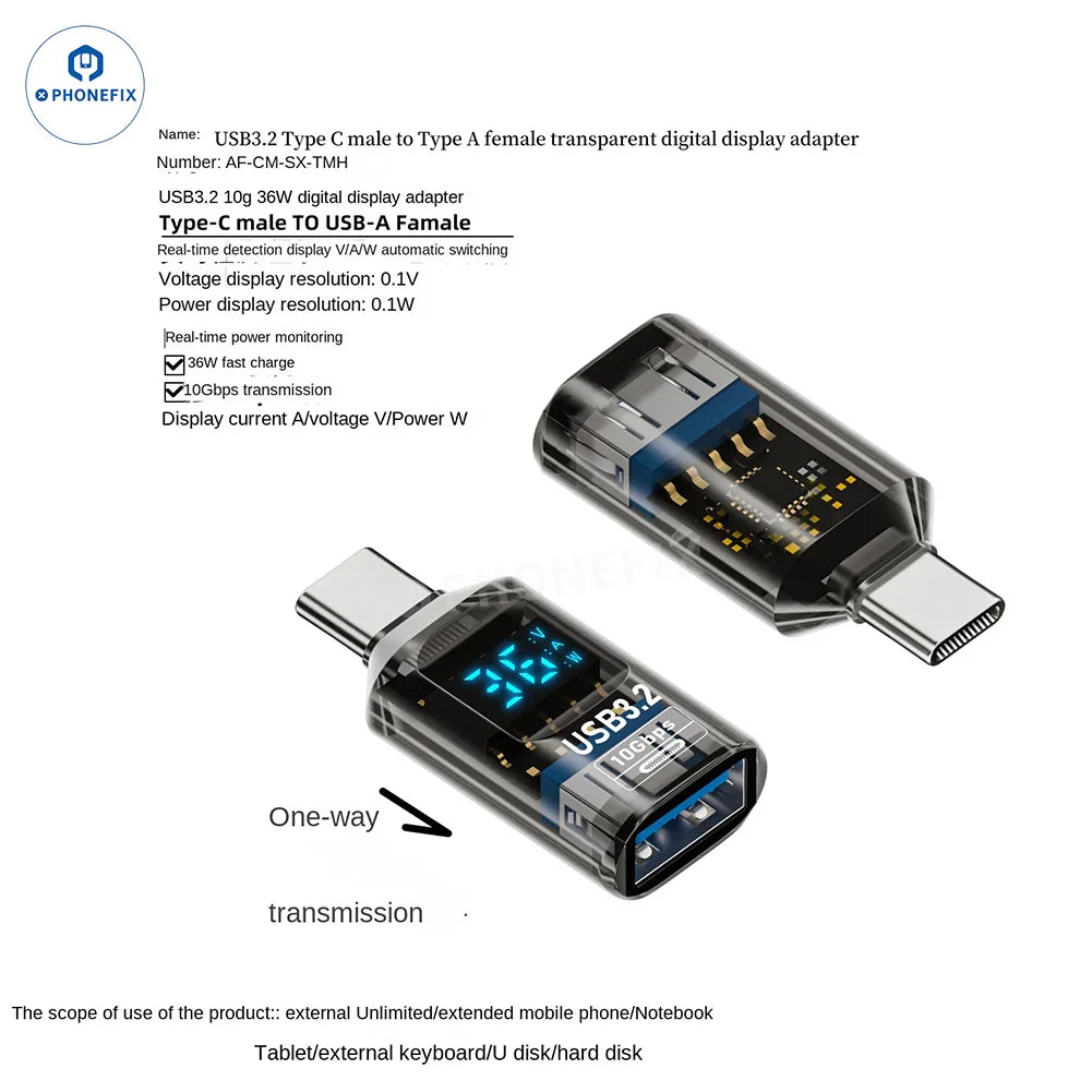 PHONEFIX Digital Display Type-C to USB-A female adapter for mobile phones and laptops, showcasing the cable's connectors.