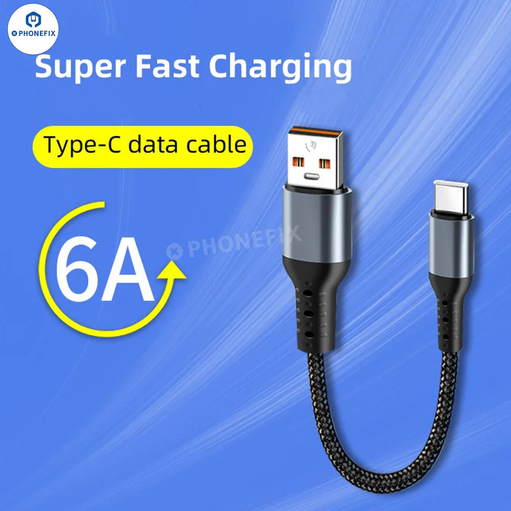 Braided short fast charging cable for iPhone and Android Type-C devices by PHONEFIX, shown coiled with USB connectors visible.