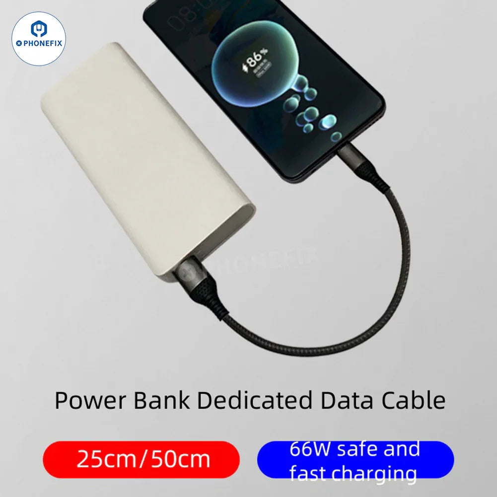 PhoneFix braided short fast charging cable for iPhone and Android Type-C devices, durable and tangle-free power cable.
